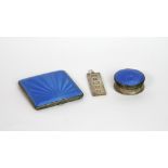 An Art Deco silver and blue guilloche enamel compact, Birmingham 1940, makers mark B S, 7cm square,