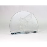 A Rolls Royce glass desk plaque, decorated with 'RR' and the Spirit of Ecstasy, 13.5cm high x 17.