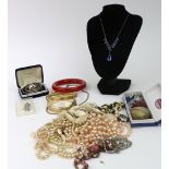 A collection of costume jewellery and other items, including; two child's silver bangles,