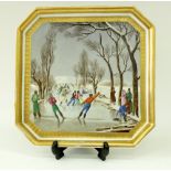 A Paris porcelain square dish, late 19th century, with canted corners, having raised gilded sides,