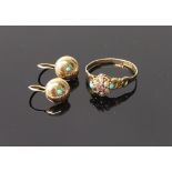 A Victorian 12ct gold, seed pearl and gem set cluster ring, one pearl missing,