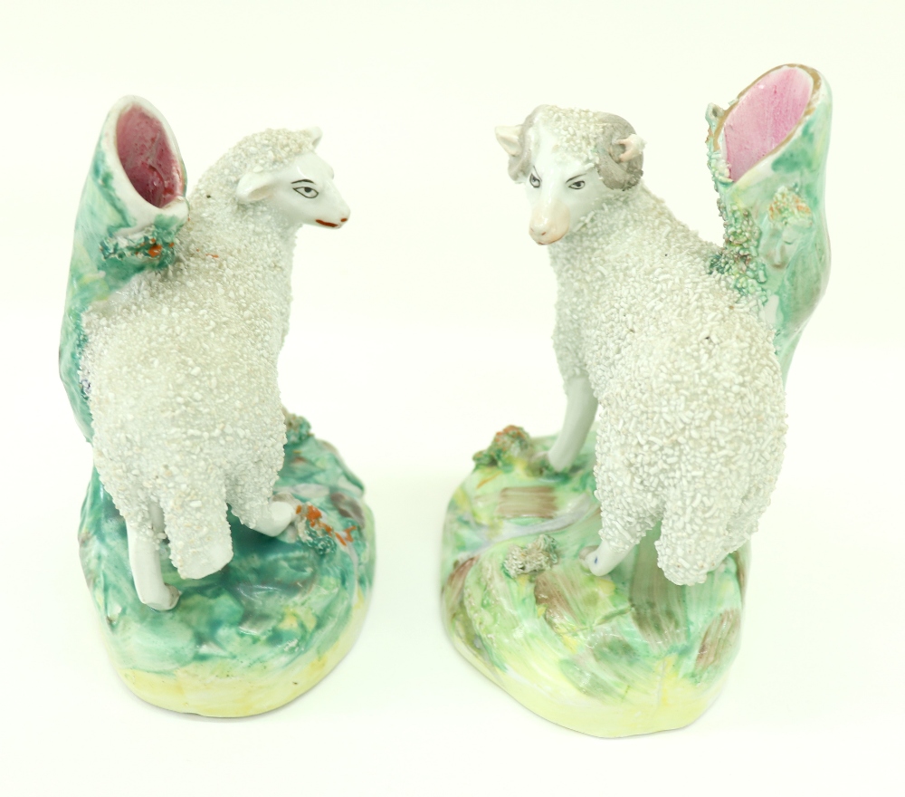 A pair of Staffordshire pottery spill vases, modelled as a frit decorated ram and a ewe, each 13. - Image 2 of 3