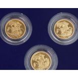 Three proof half sovereigns, 1982 (2), and 1983, each in perspex cases, in a fitted box,