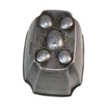 A Post war aluminium jelly mould of square tapered form, top with five oval bosses,