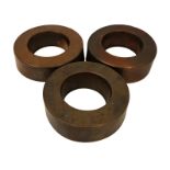 Three Victorian copper border moulds of plain ring form with tapered sides, unmarked, 4cm high,