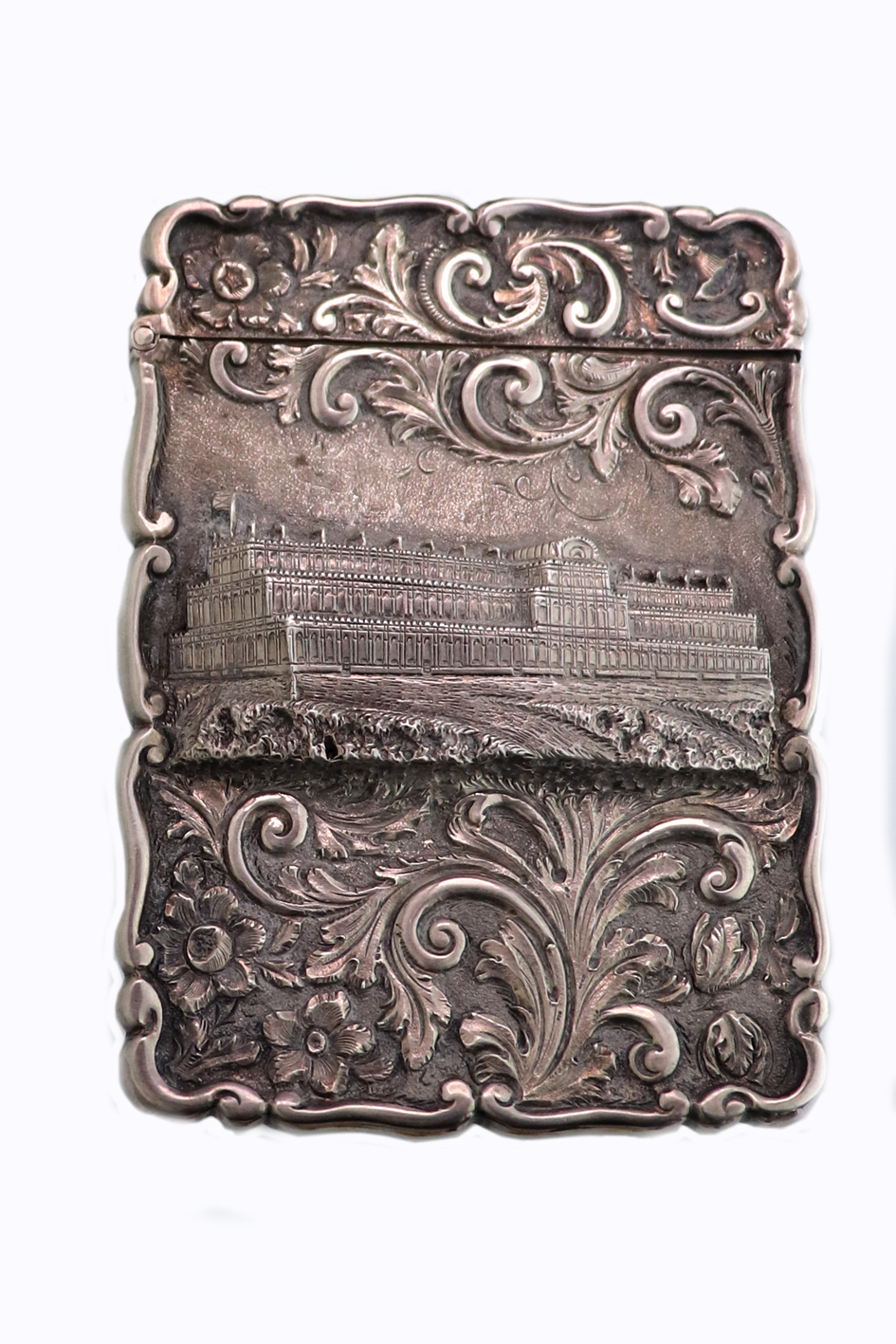 Crystal Palace: A Victorian silver 'castle top' card case, Edward Smith, Birmingham 1850,