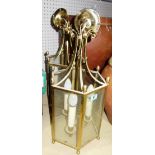 A pair of 20th century brass and gilt hexagonal hanging lanterns, (2).