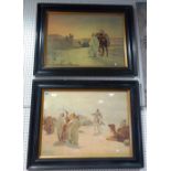 A pair of large prints of desert scenes with figures and an Arabian horse, in ebonised frames.