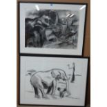 M** W** (20th century), A group of seven charcoal sketches including, elephants, giraffe, lion,