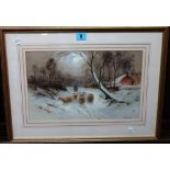 Daniel Sherrin (1868-1940), Sheep and Shepherd in the snow, watercolour, signed, 23cm x 37cm.