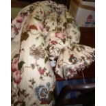Curtains; a pair of lined and interlined cream ground, floral decorated curtains, 98cm wide,