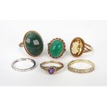 Six mostly 9ct gold and gem set rings,