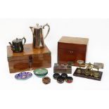 A set of brass postal scales and weights, Victorian mahogany and walnut boxes, both incomplete,