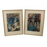 A Japanese woodblock print of a Samurai holding a spear seated on a horse, 33 x 23cm,