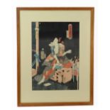 A Japanese woodblock print of a Samurai drinking tea, 36 x 24.