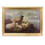 English School, 19th Century, Sheep and lambs in a mountainous landscape, oil on canvas, 39.