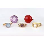 Five gold and gem rings, comprising; a round amethyst single stone ring, unmarked,