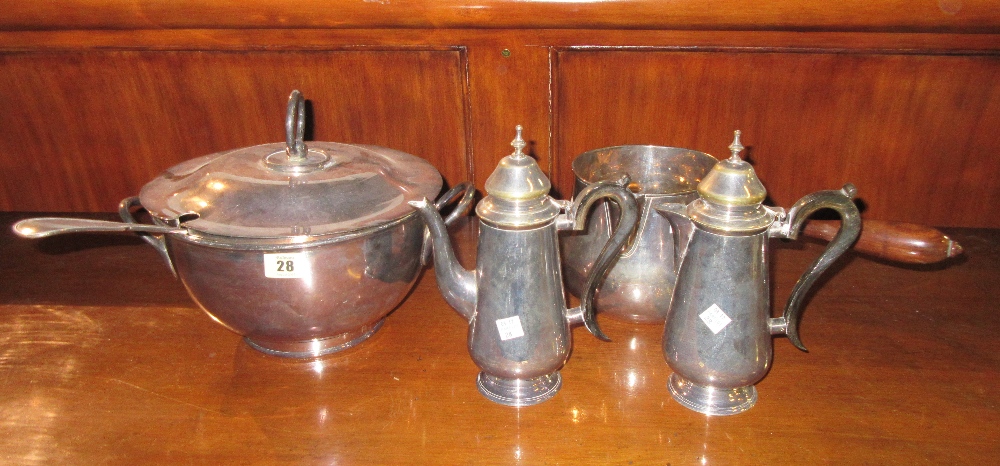 Silver plate comprising; a pair of coffee and hot water jugs, a brandy saucepan,