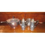Silver plate comprising; a pair of coffee and hot water jugs, a brandy saucepan,