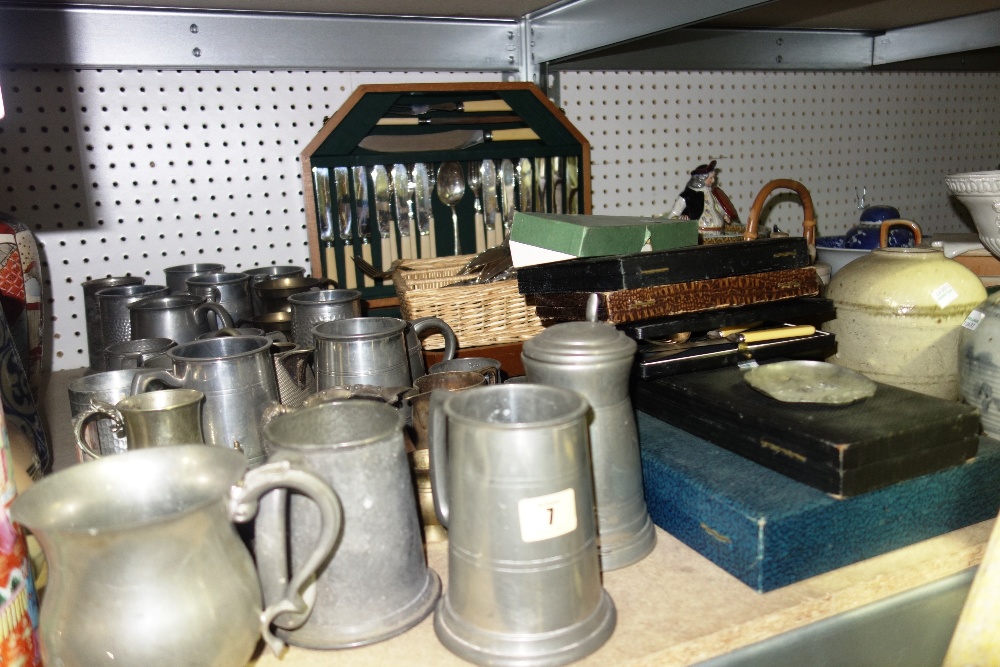A quantity of silver plate, including cased and loose flatware, pewter tankards and sundry, (qty).