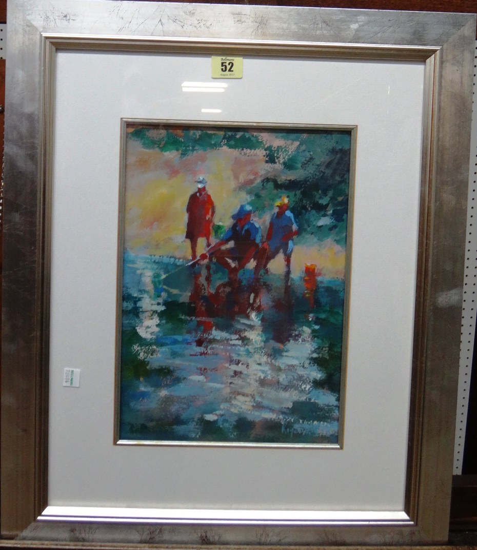 Roger Dellar (contemporary), Fishing group, gouache, signed, 33cm x 22.5cm.