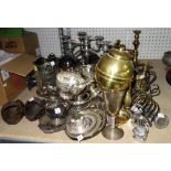 Silver plate and metal ware including; candelabra, tea spoons, bottle stands and sundry, (qty).