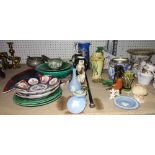 A quantity of ceramics including Wedgwood green plates, Jasperware items, Beswick cat and sundry,