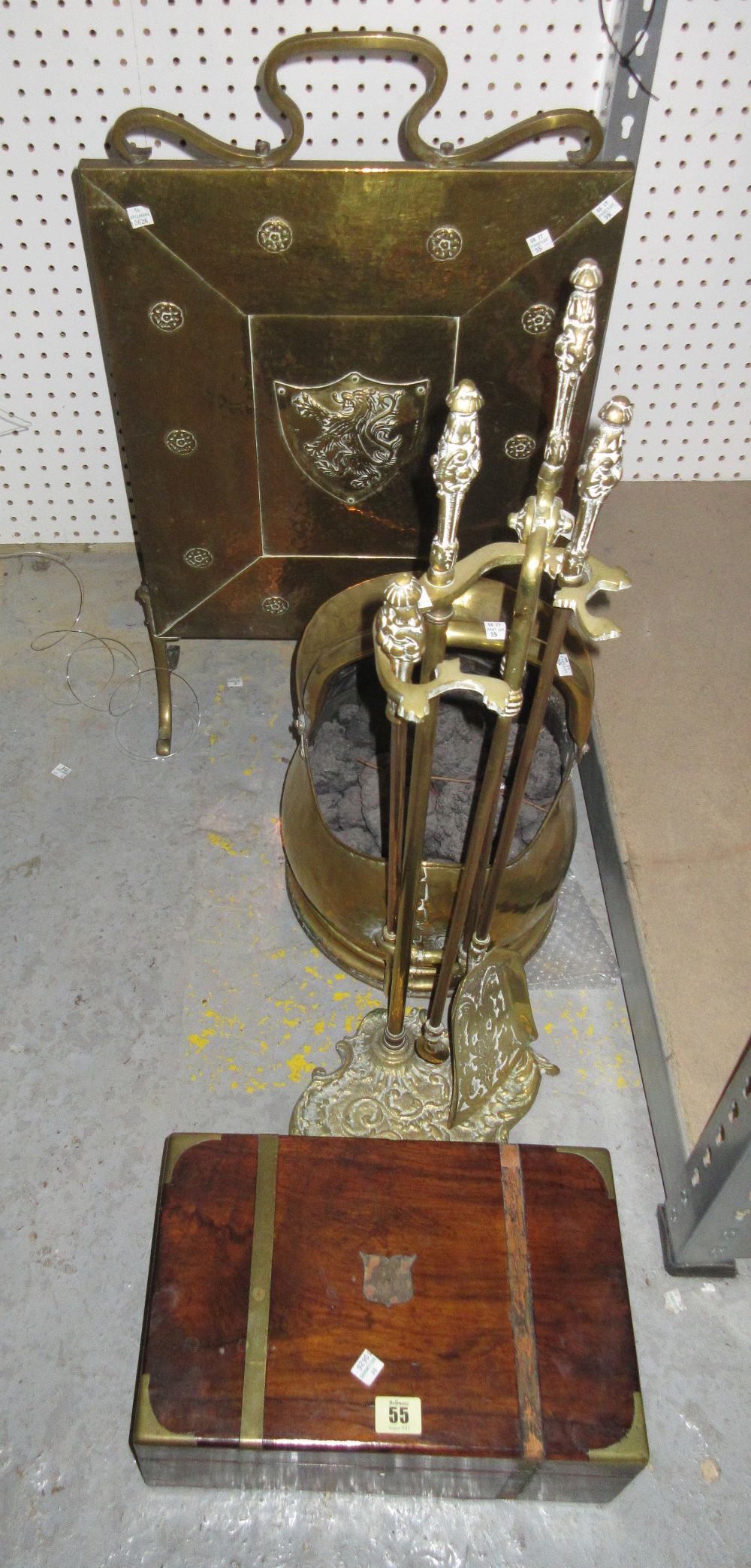 Collectables including; a brass fire screen, a brass bucket and tools and a rosewood writing slope,