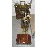 Collectables including; a brass fire screen, a brass bucket and tools and a rosewood writing slope,