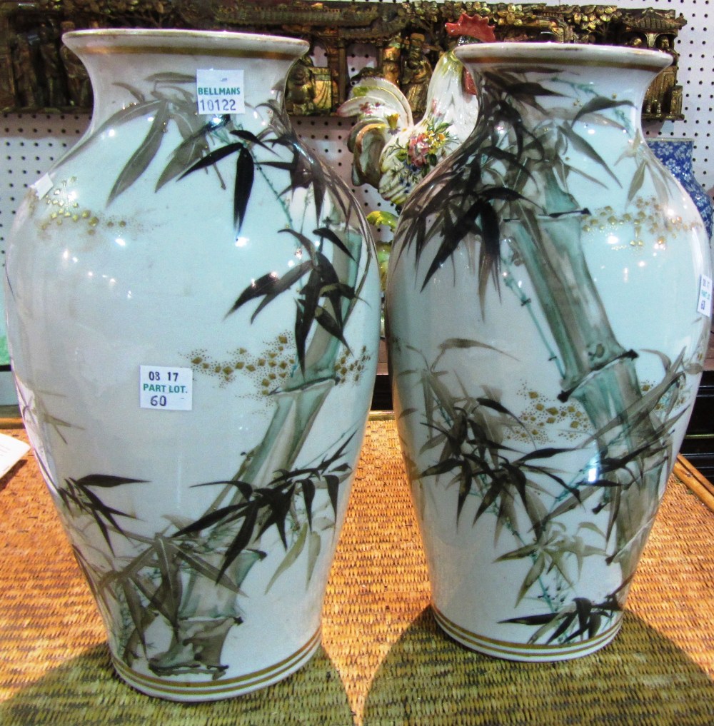Ceramics comprising; a pair of Japanese vases, decorated with bamboo scenes, a faience cockerel, - Image 4 of 4