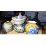 Ceramics comprising; Oriental jars, a Staffordshire type figure, a Continental porcelain loch,