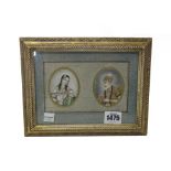 A pair of Persian oval miniature portraits of a man and woman, each 6.5cm x 5cm, in common frame.