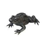 A patinated bronze model of a frog, late 20th century, of typical form, unsigned, 55cm wide.