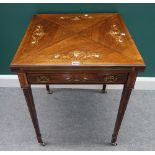 A late Victorian marquetry bone inlaid rosewood envelope card table with single frieze drawers,