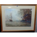 Gregory Robinson (1876-1976), A Naval Engagement, watercolour, signed and dated '03, 36cm x 52.5cm.