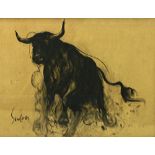 Sunil Das (b.1939), The Bull, black chalk, signed, 48cm x 64cm.