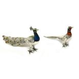 Silver, comprising; a model of a peacock, length 15cm and a model of a pheasant, length 11cm,