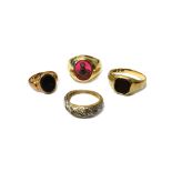 A 9ct gold and red gem set Masonic signet ring, with a square and compasses motif,
