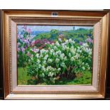 Russian School (20th century), Flowering shrubs, oil on canvas, signed, inscribed on reverse,