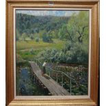 Russian School (20th century), woman on a bridge, signed, oil on canvas, inscribed on reverse, 61.