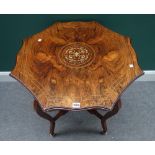 A late Victorian marquetry and bone inlaid rosewood shaped centre table on cabriole supports with