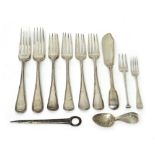 Silver, comprising; four single struck Old English and thread pattern table forks, London 1791/92,