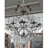 A brass and glass five branch chandelier, late 20th century,