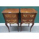 A pair of Louis XV style gilt metal mounted parquetry inlaid two drawer bedside tables,