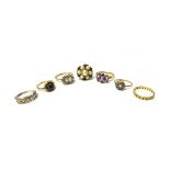 A 9ct gold, cultured pearl and sapphire set cluster ring, a 9ct gold ring,