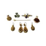 A pair of gold and pale blue gem set pendant earrings, a pair of gold oval pendant earrings,
