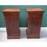 A pair of mahogany pedestals, each with single arched door on a plinth base, 46cm wide x 94cm high,