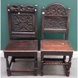 A late 17th century oak side chair, with carved arched panel back and solid seat,