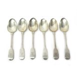 Six silver William IV fiddle pattern dessert spoons, crest engraved, London 1830, weight 249 gms,