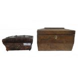 A 19th century figured walnut sarcophagus shaped tea caddy, with twin lidded interior,